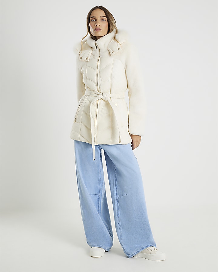 Cream Faux Fur Hooded Panelled Padded Jacket