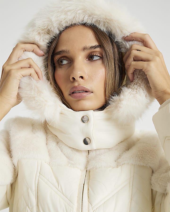 Cream Faux Fur Hooded Panelled Padded Jacket