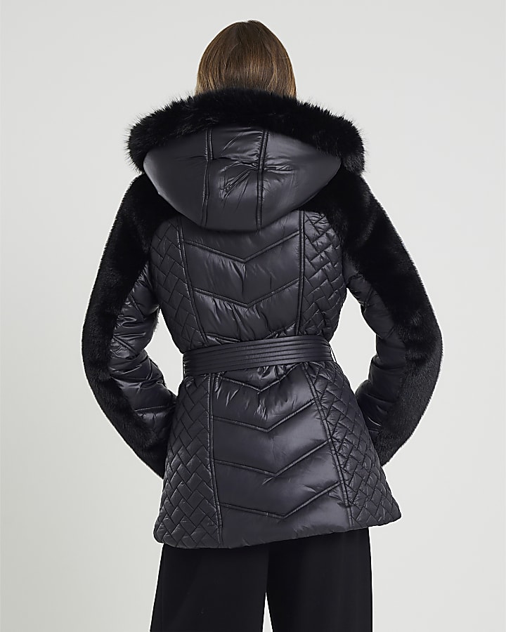 Black Faux Fur Hooded Panelled Padded Jacket