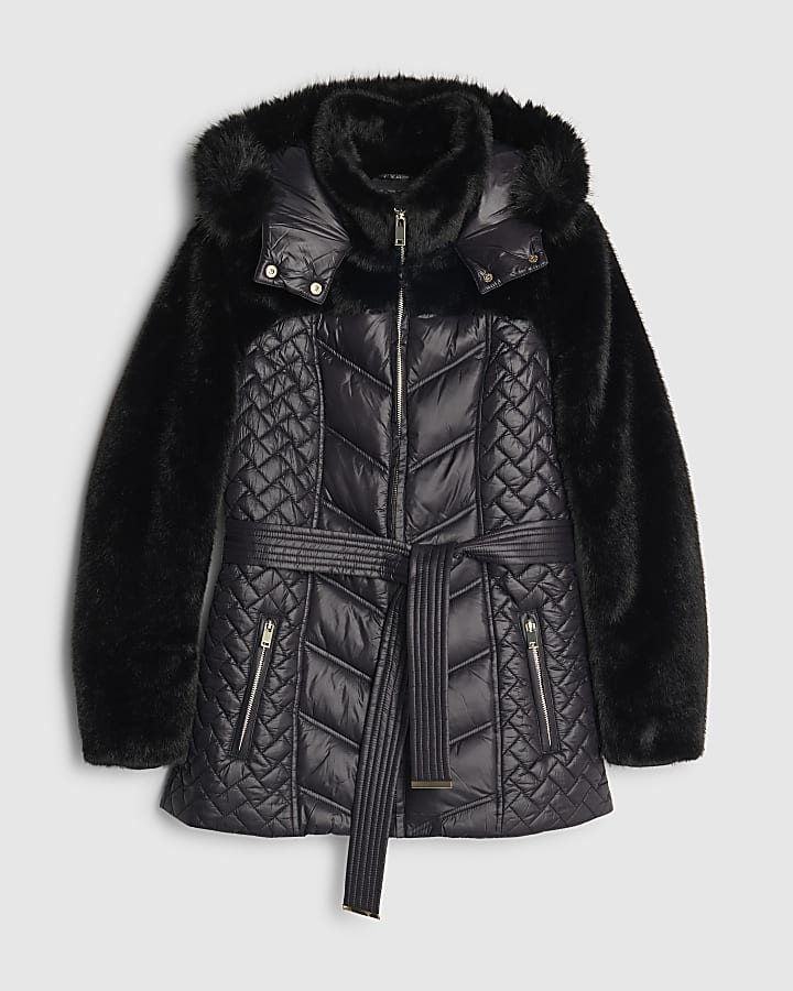 Black Faux Fur Hooded Panelled Padded Jacket