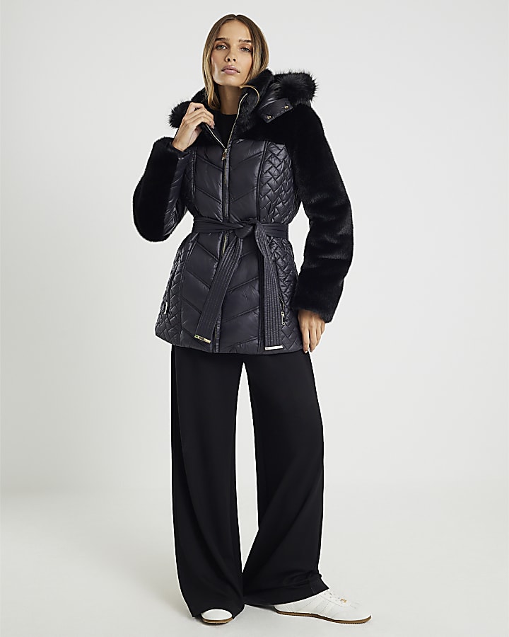 Black Faux Fur Hooded Panelled Padded Jacket