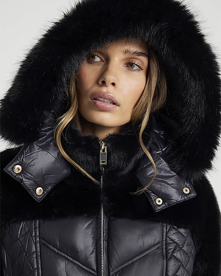 Black Faux Fur Hooded Panelled Padded Jacket