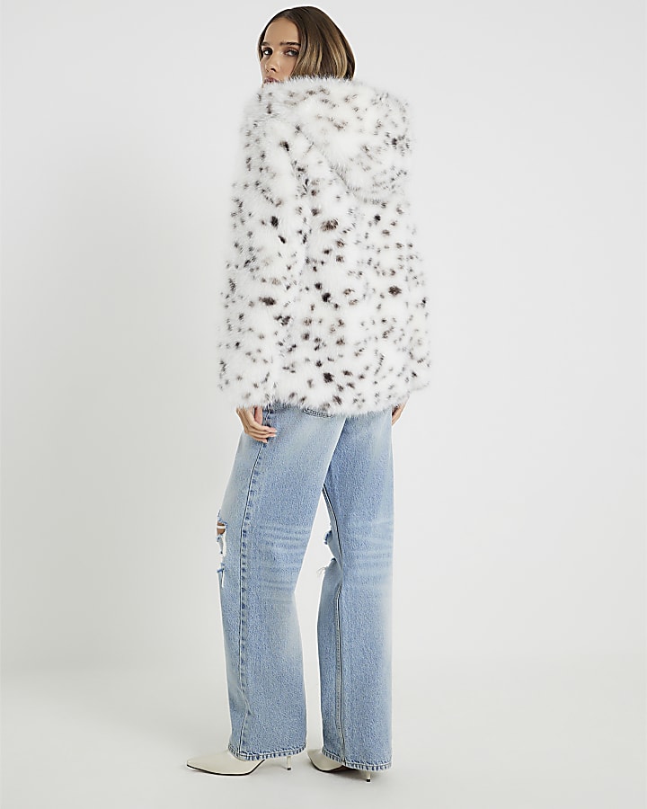 White Spot Print Hooded Faux Fur Coat