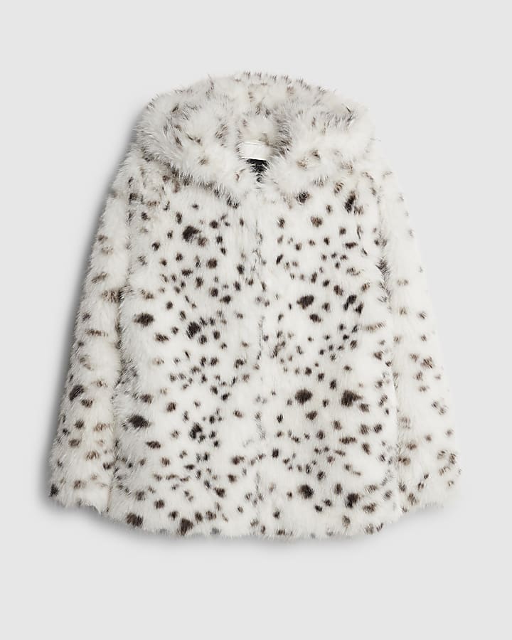 White Animal Print Hooded Faux Fur Coat