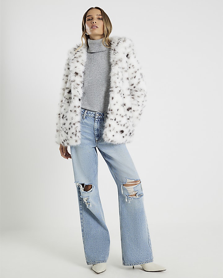 White Spot Print Hooded Faux Fur Coat