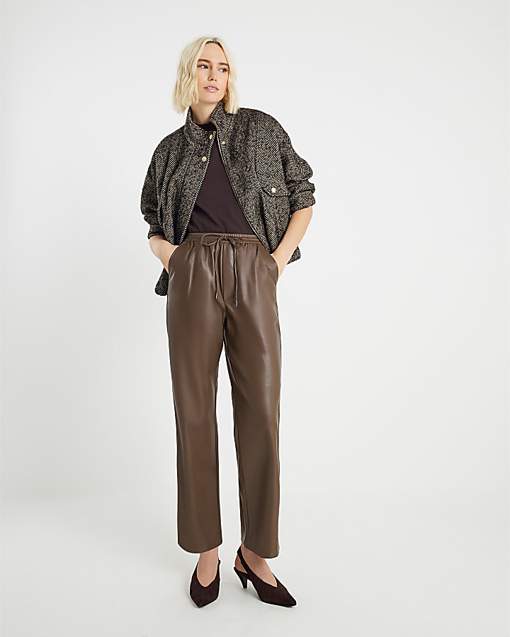 Brown Faux Leather Elasticated Waist Trousers
