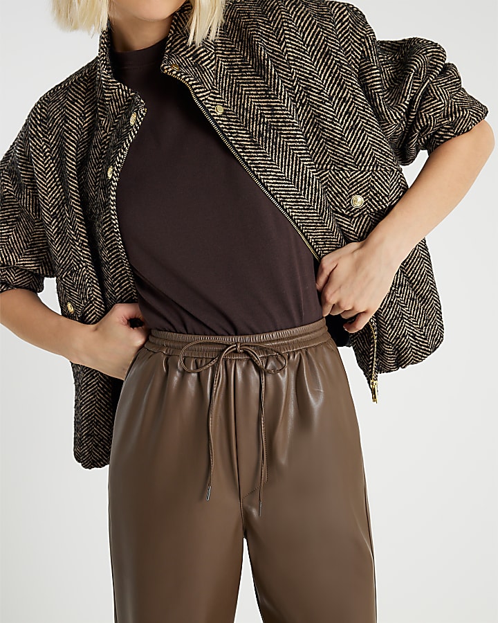 Brown Faux Leather Elasticated Waist Trousers