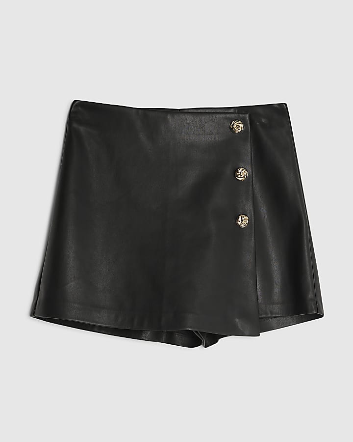 Black  Faux Leather Asymmetric Skort