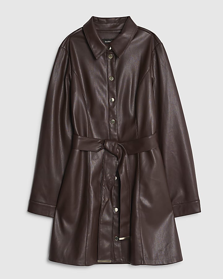 Red Faux Leather Belted Shirt Mini Dress