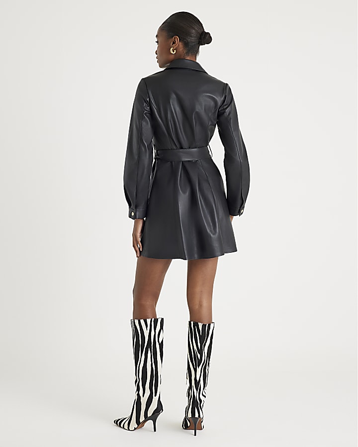 Black Faux Leather Belted Mini Dress