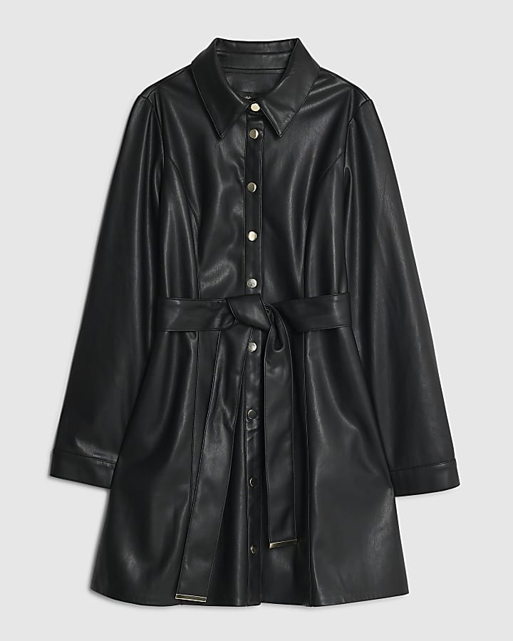Black Faux Leather Belted Mini Dress