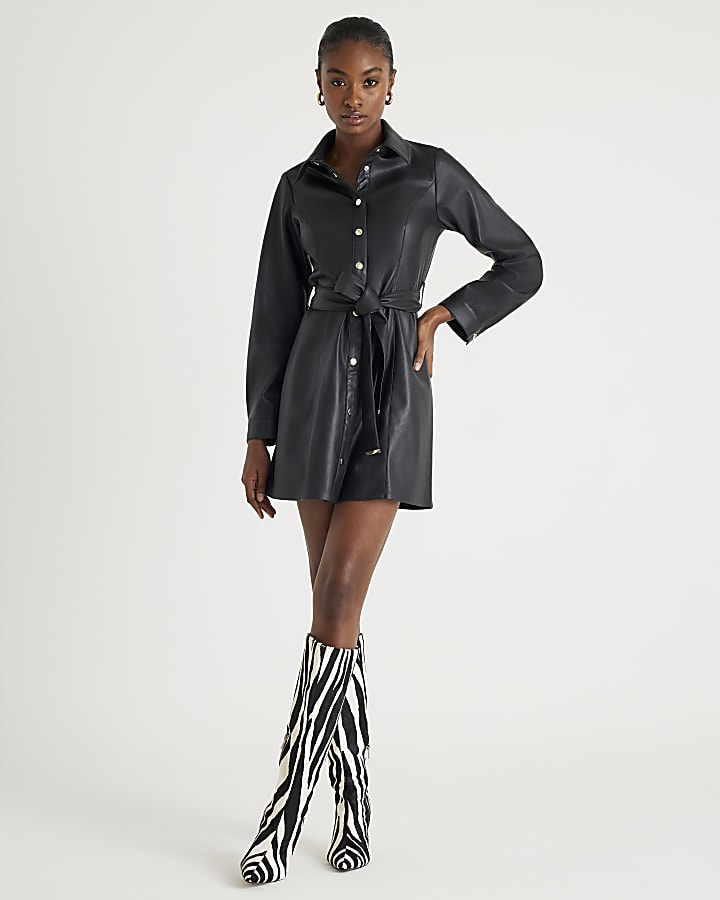 Black Faux Leather Belted Mini Dress