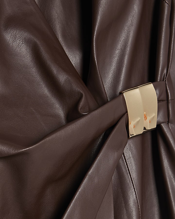 Red Faux Leather Trim Wrap Dress