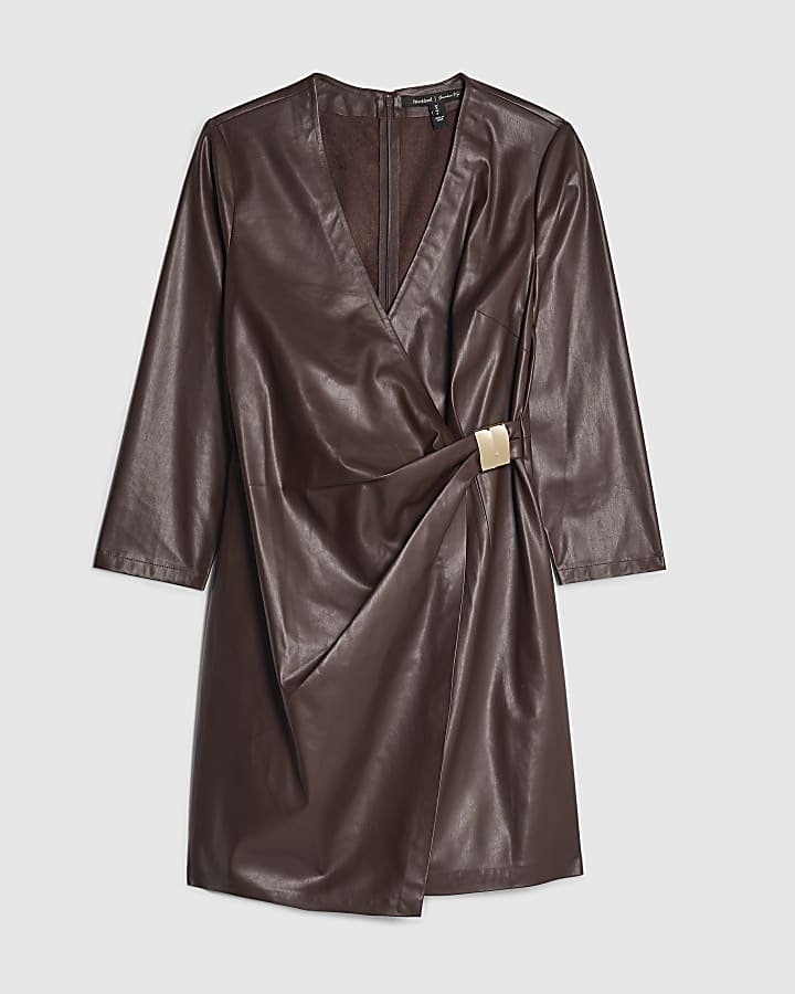 Red Faux Leather Trim Wrap Dress