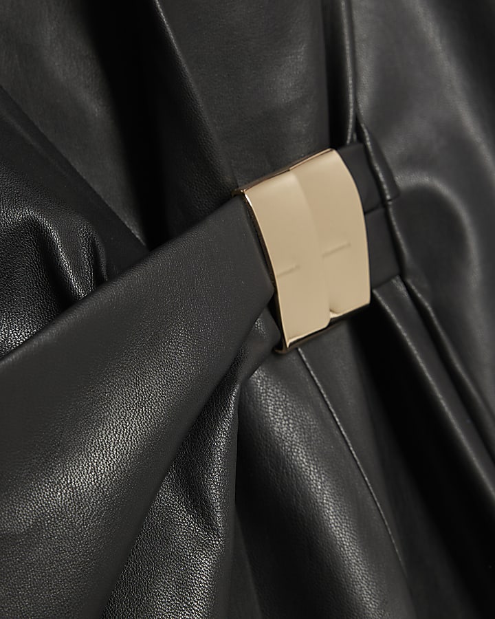 Black Faux Leather Trim Wrap Dress