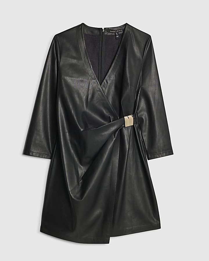 Black Faux Leather Trim Wrap Dress
