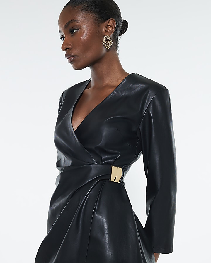 Black Faux Leather Trim Wrap Dress