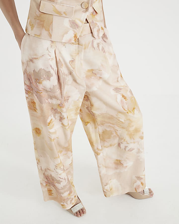 Pink Floral Linen Blend Wide Leg Trousers