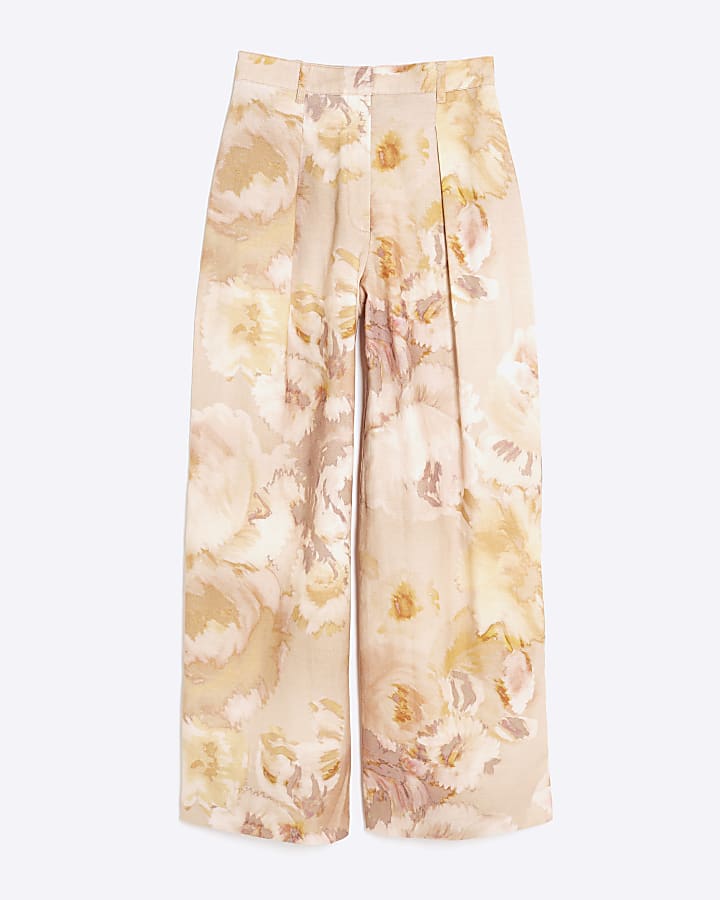 Pink Floral Linen Blend Wide Leg Trousers