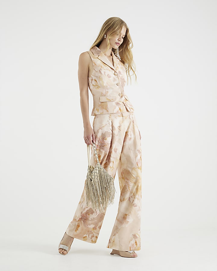 Pink Floral Linen Blend Wide Leg Trousers