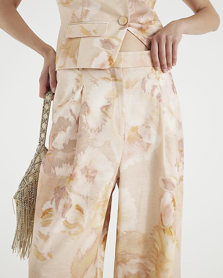 Pink Floral Linen Blend Wide Leg Trousers