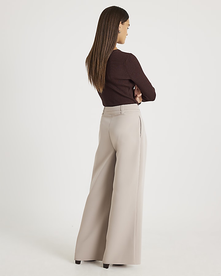 Beige Tie Waist Wide Leg Trousers
