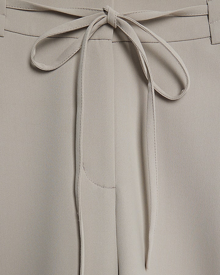Beige Tie Waist Wide Leg Trousers