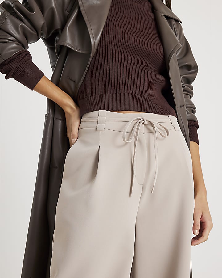 Beige Tie Waist Wide Leg Trousers