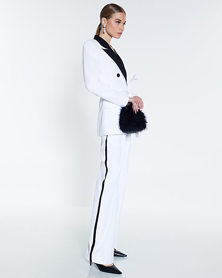 White Contrast Tipping Wide Leg Trousers