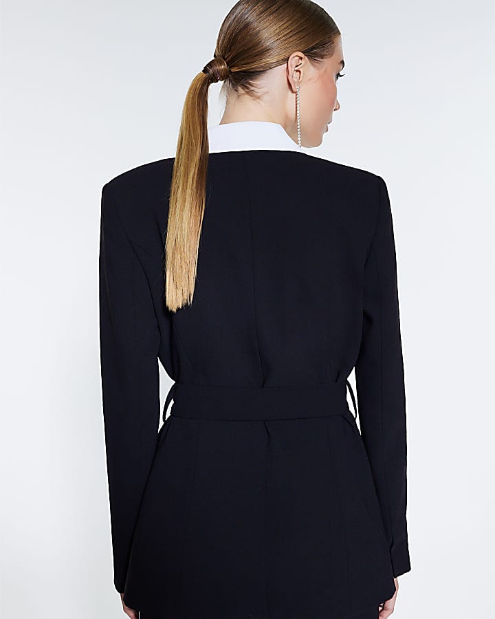 Black Contrast Belted Blazer