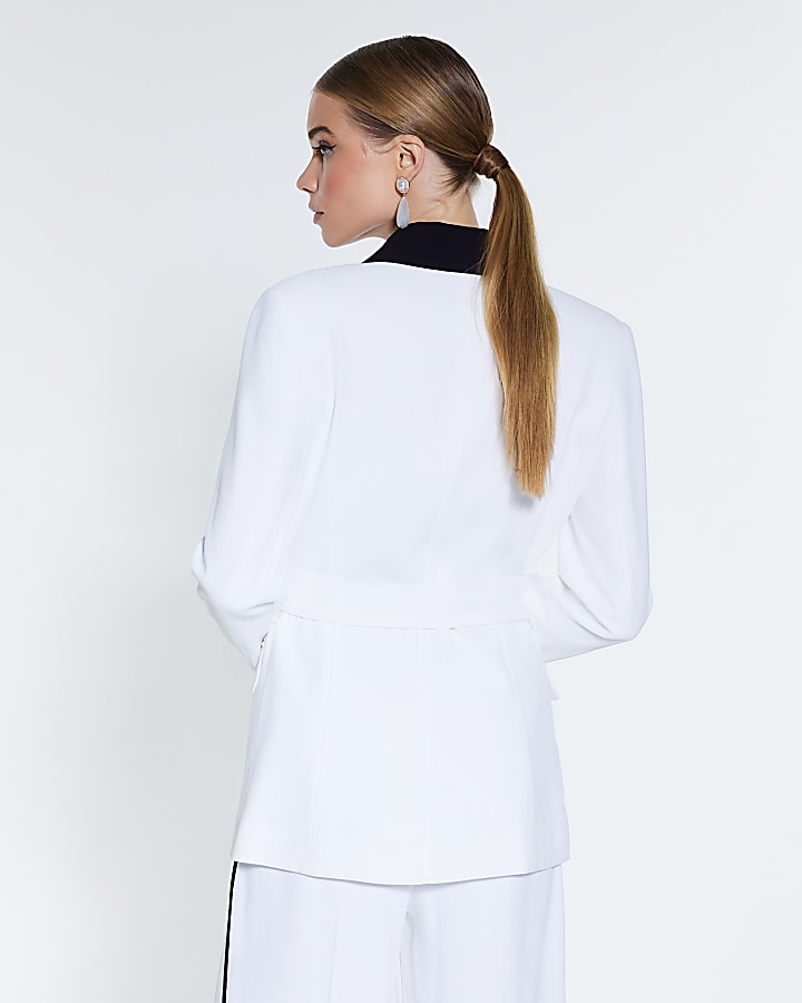 White Long Sleeve Contrast Belted Blazer