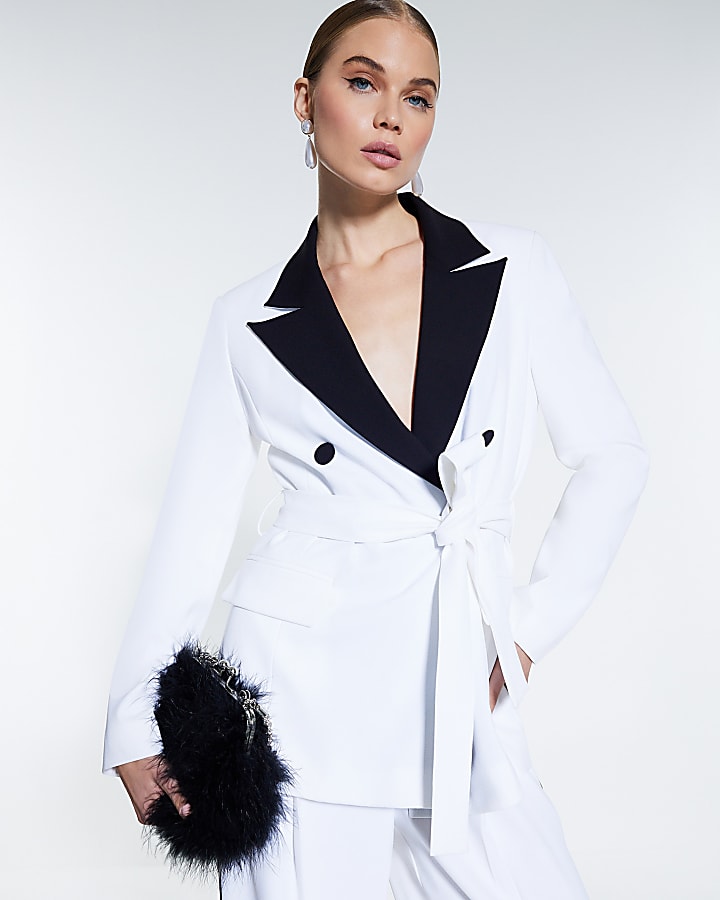 White Long Sleeve Contrast Belted Blazer