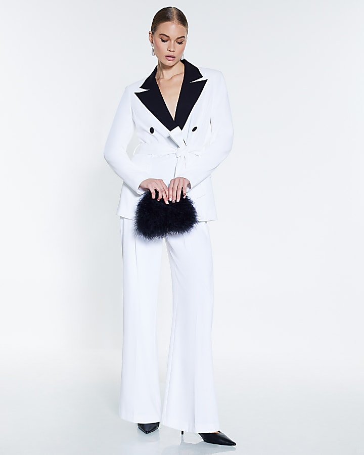 White Long Sleeve Contrast Belted Blazer