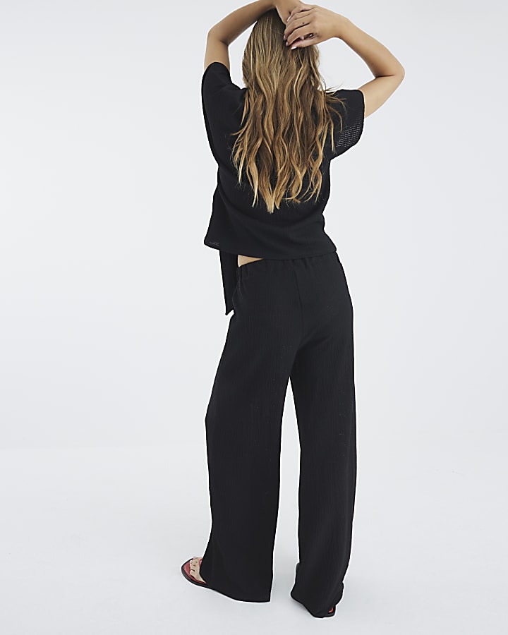 Black Textured Wide Leg Trousers