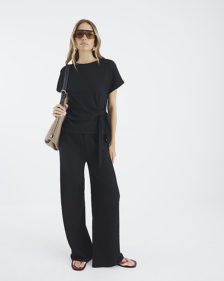 Black Textured Wide Leg Trousers