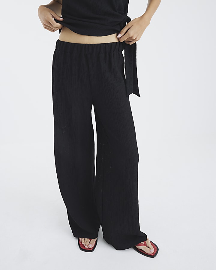 Black Textured Wide Leg Trousers