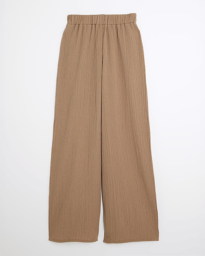Beige Textured Wide Leg Trousers