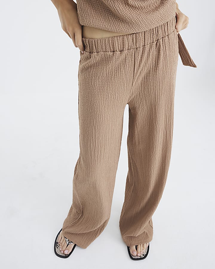 Beige Textured Wide Leg Trousers