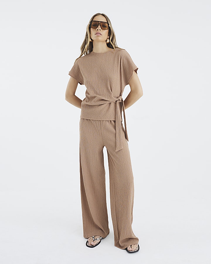 Beige Textured Wide Leg Trousers