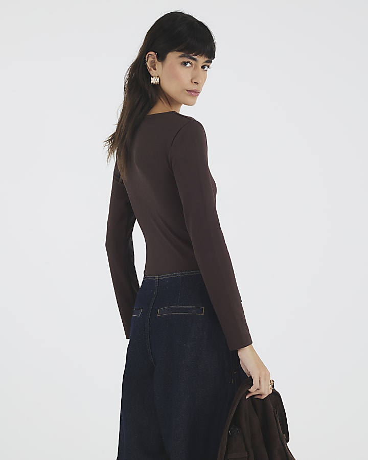 Brown Long Sleeve Ruched Side Bodysuit