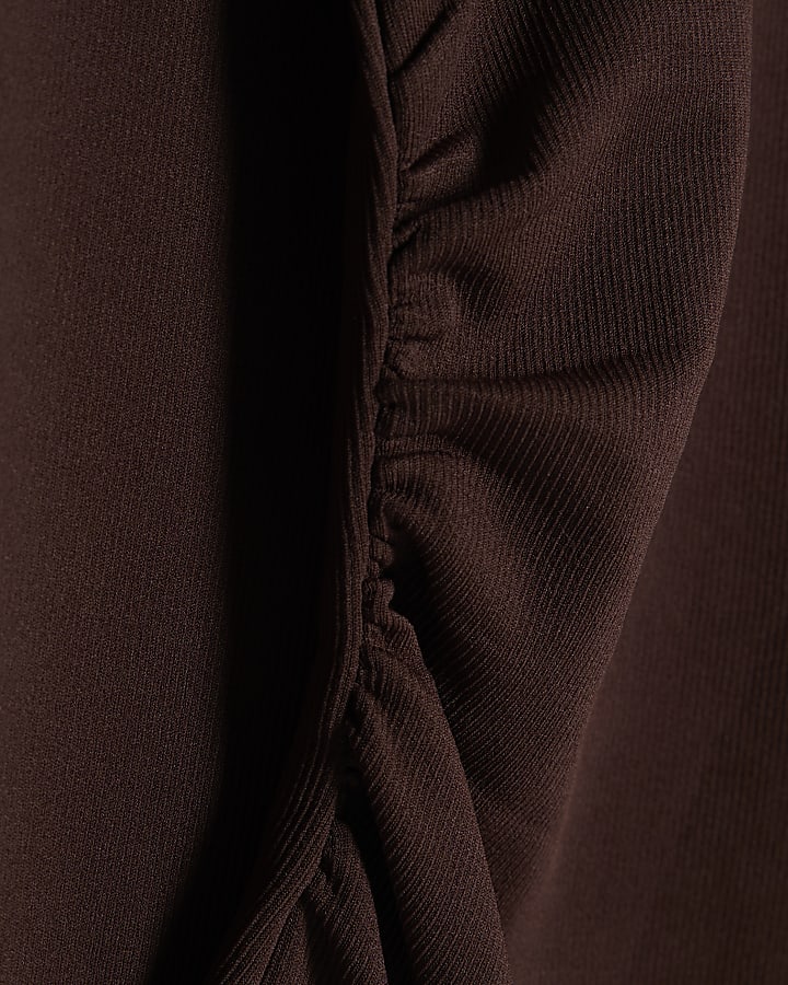 Brown Long Sleeve Ruched Side Bodysuit