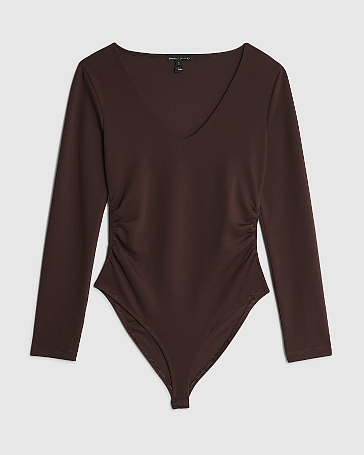 Brown Long Sleeve Ruched Side Bodysuit
