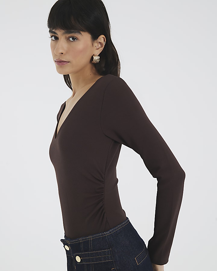 Brown Long Sleeve Ruched Side Bodysuit
