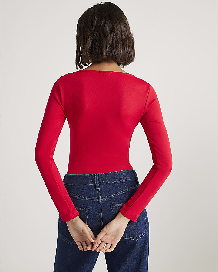 Red Long Sleeve V Neck Ruched Side Bodysuit