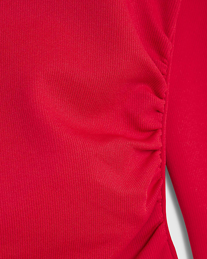 Red Long Sleeve V Neck Ruched Side Bodysuit