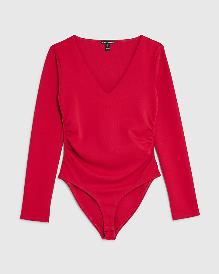 Red Long Sleeve V Neck Ruched Side Bodysuit