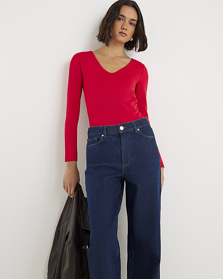 Red Long Sleeve V Neck Ruched Side Bodysuit