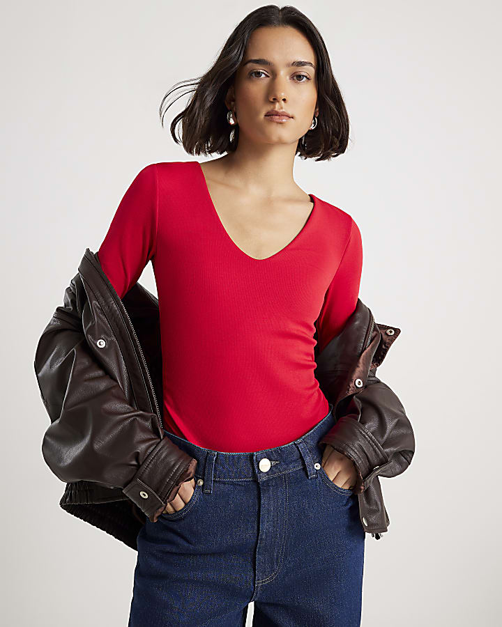 Red Long Sleeve V Neck Ruched Side Bodysuit
