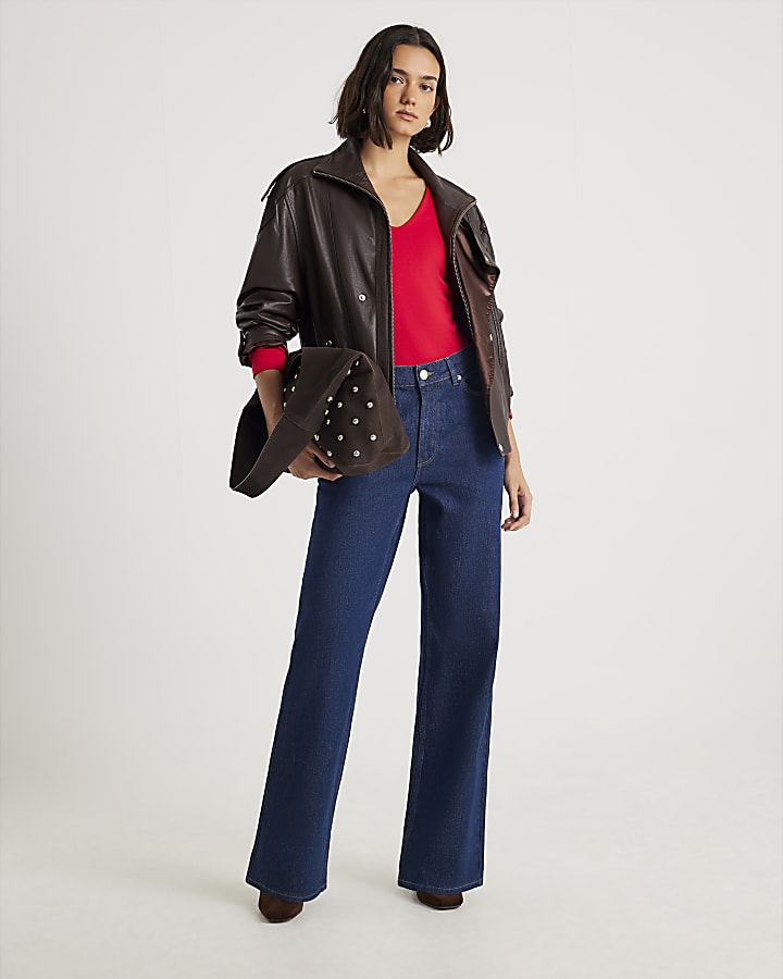 Red Long Sleeve V Neck Ruched Side Bodysuit