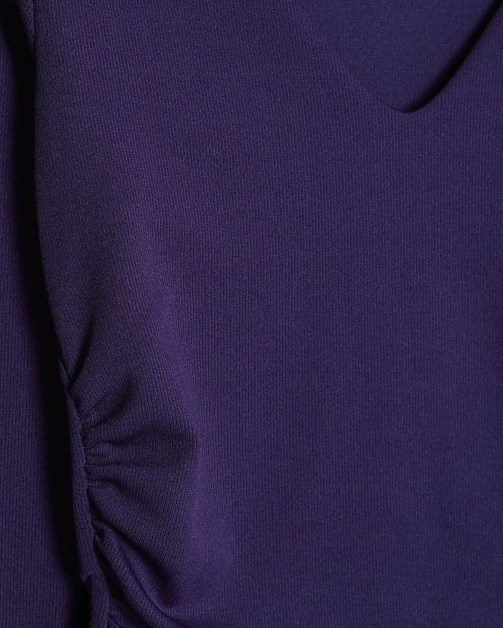 Purple Long Sleeve V Neck Ruched Bodysuit